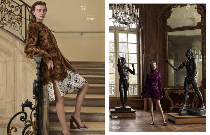 Two fashion shots feature a woman in a fur coat on stairs and a woman in a purple dress in a hall with sculptures.