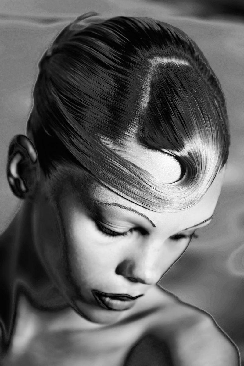 Black and white portrait of woman with an elegant hairstyle looking down, showcasing beauty and fashion, focusing on her face.