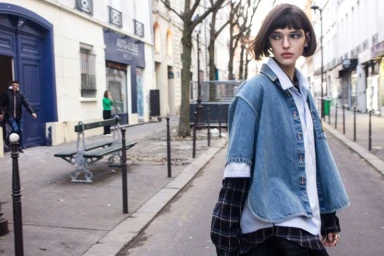 Model with short dark bob wearing layered denim jacket and white shirt walking down a city street