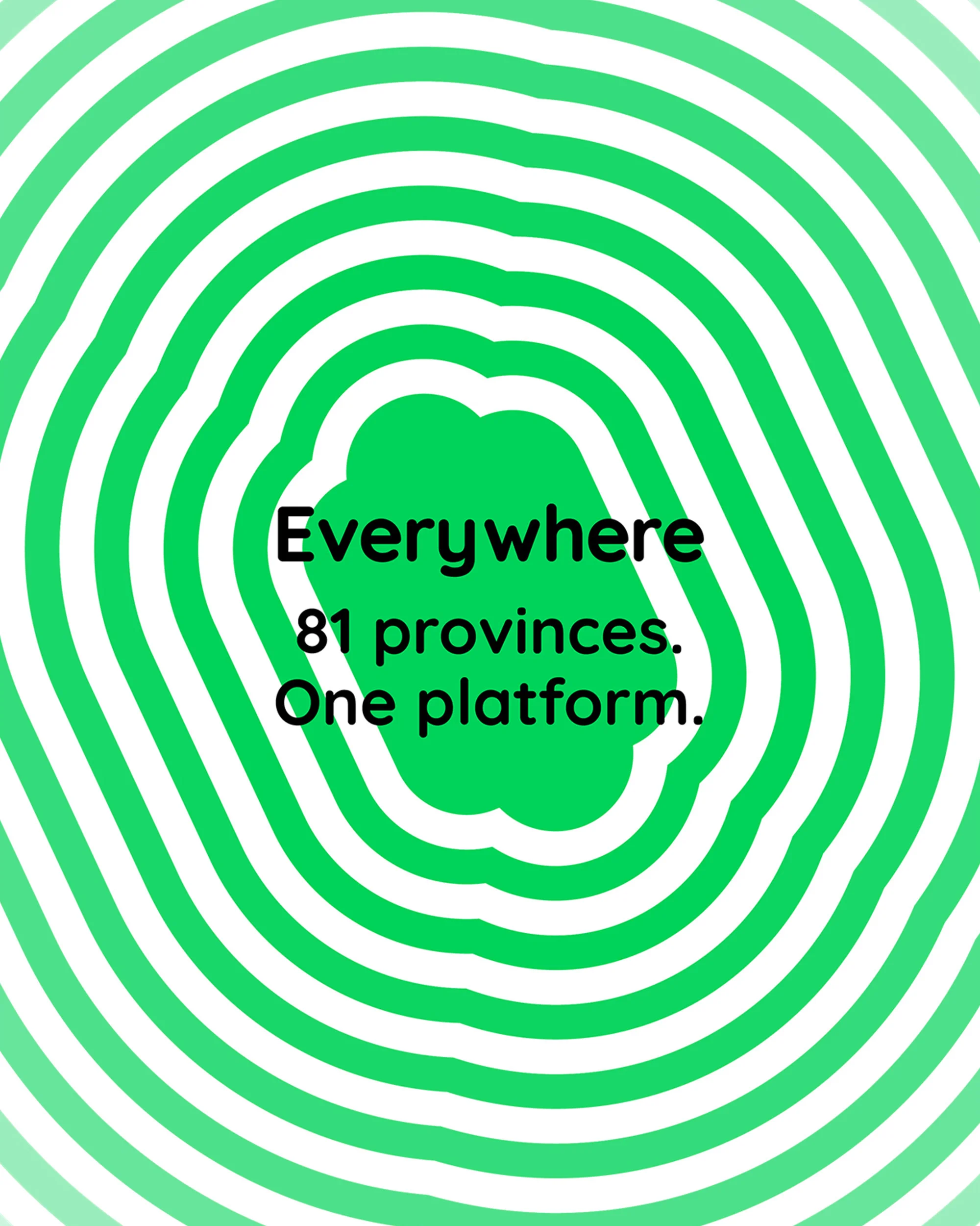 Abstract concentric green and white circles design with text overlay reads 'Everywhere 81 provinces. One platform.'