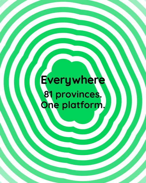 Abstract concentric green and white circles design with text overlay reads 'Everywhere 81 provinces. One platform.'