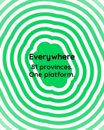 Abstract concentric green and white circles design with text overlay reads 'Everywhere 81 provinces. One platform.'