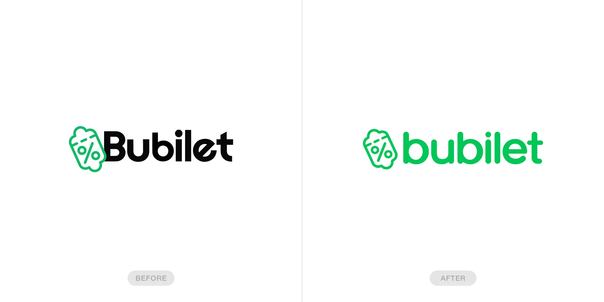 Logo transformation showcasing the Bubilet brand with a green emblem and typeface, contrasting a black and green version on a white background.
