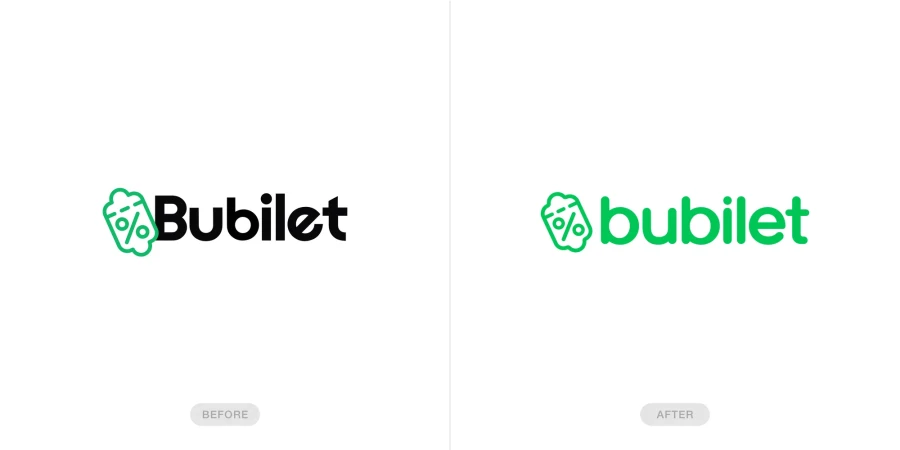 Logo transformation showcasing the Bubilet brand with a green emblem and typeface, contrasting a black and green version on a white background.
