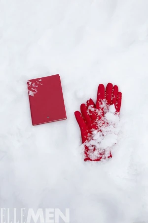 A red book and a pair of bright red gloves resting on a pristine snowfield, lightly dusted with fresh snow.
