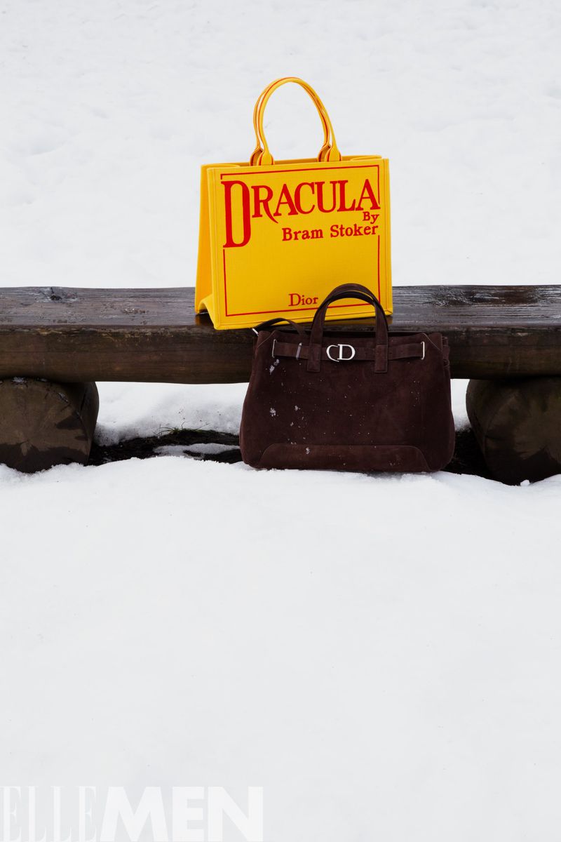 Fashion still life of a Dracula tote bag and Dior purse sitting on a wooden bench in the snow, shot in natural light.