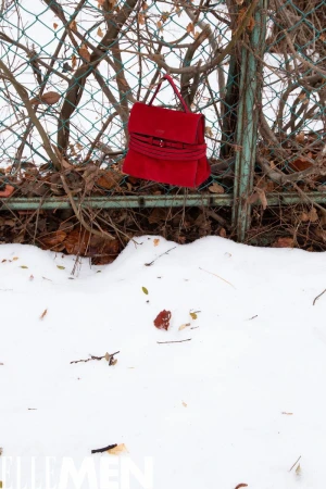 Bright red handbag hanging on a green wire fence above snow-covered ground with bare branches.