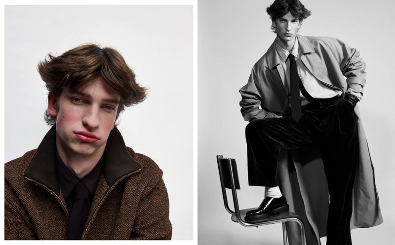 Split image of a young adult male in contrasting fashion styles: one in brown tweed, the other in a monochrome coat and trousers.