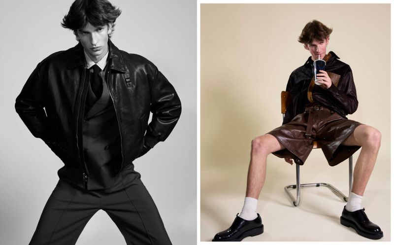 Model Emils Germanis in a black leather jacket and suit for The Greatest Magazine editorial