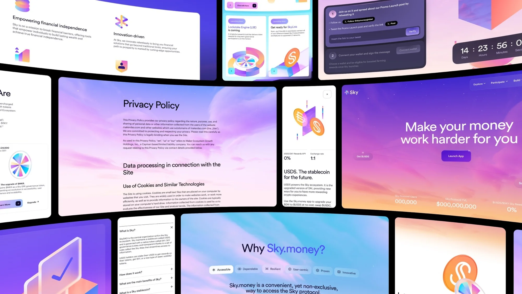 Collage of digital designs and app interfaces featuring financial independence, privacy policies, and cryptocurrency information.