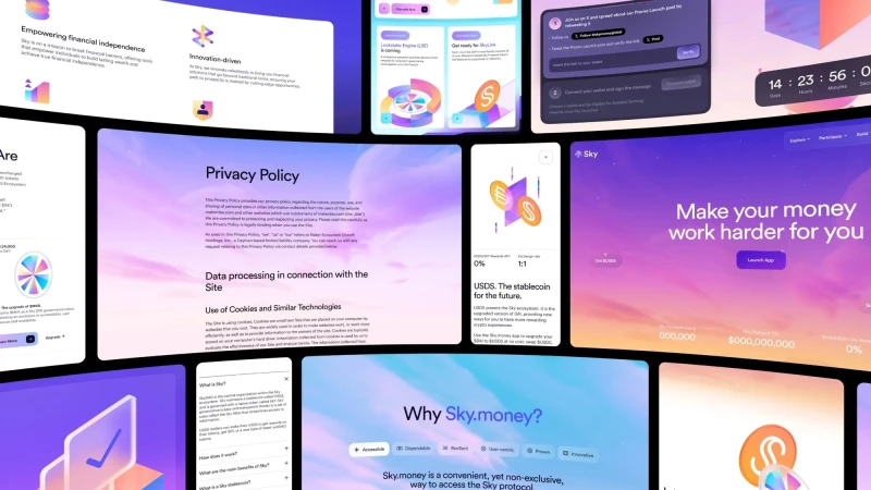 Collage of digital designs and app interfaces featuring financial independence, privacy policies, and cryptocurrency information.