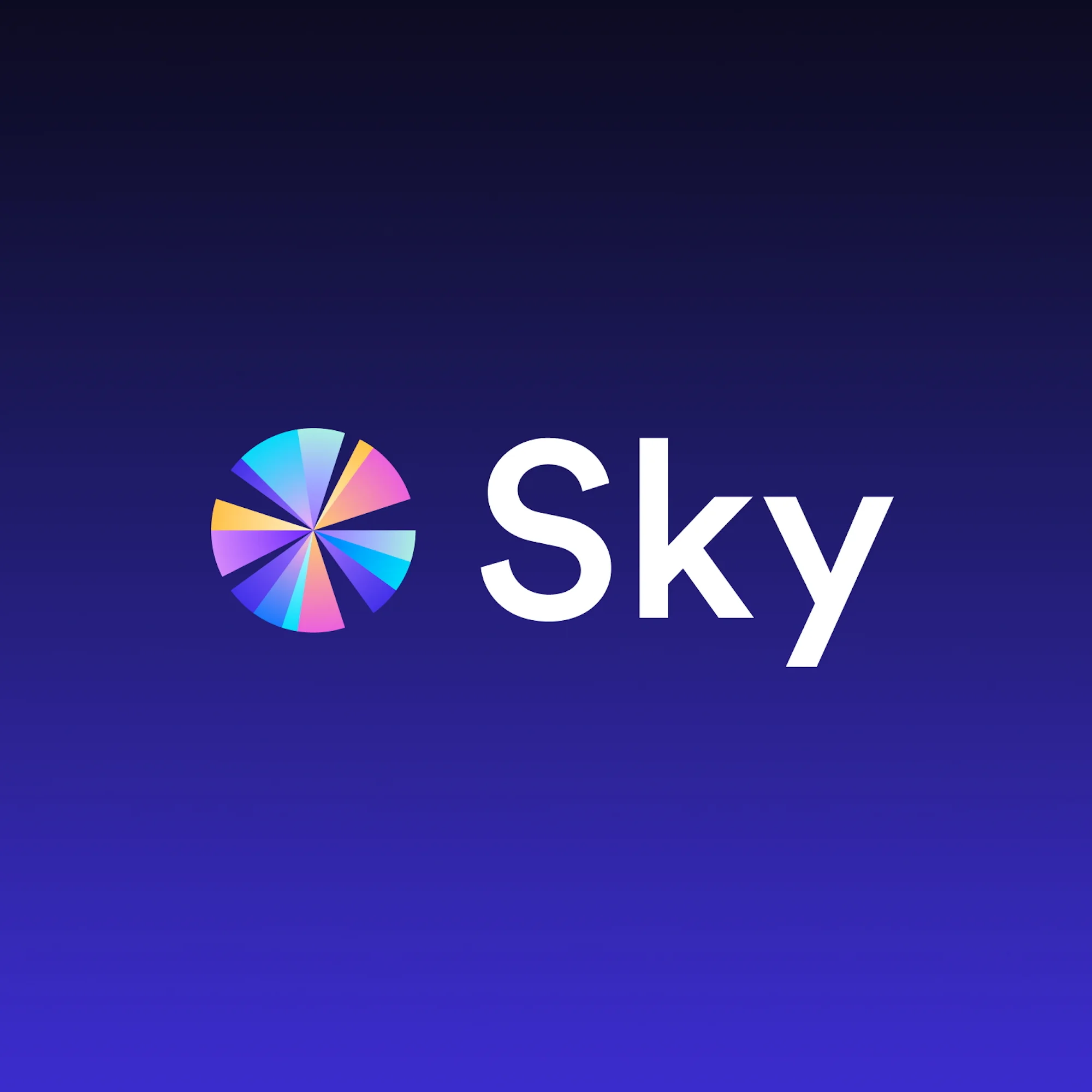 Sky logo on a gradient background, featuring a rainbow-colored segmented circle and the word 'Sky' in a clean, sans-serif font.