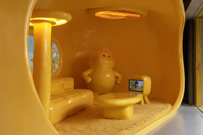 A yellow cartoon room with a couch, table, TV, and character statue, all bathed in a matching yellow hue, creates a surreal, playful scene.