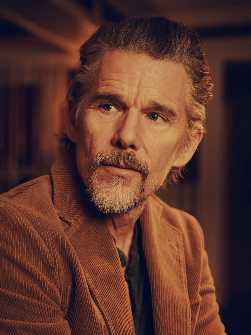 Portrait of actor Ethan Hawke wearing a brown corduroy jacket for an LA Times feature