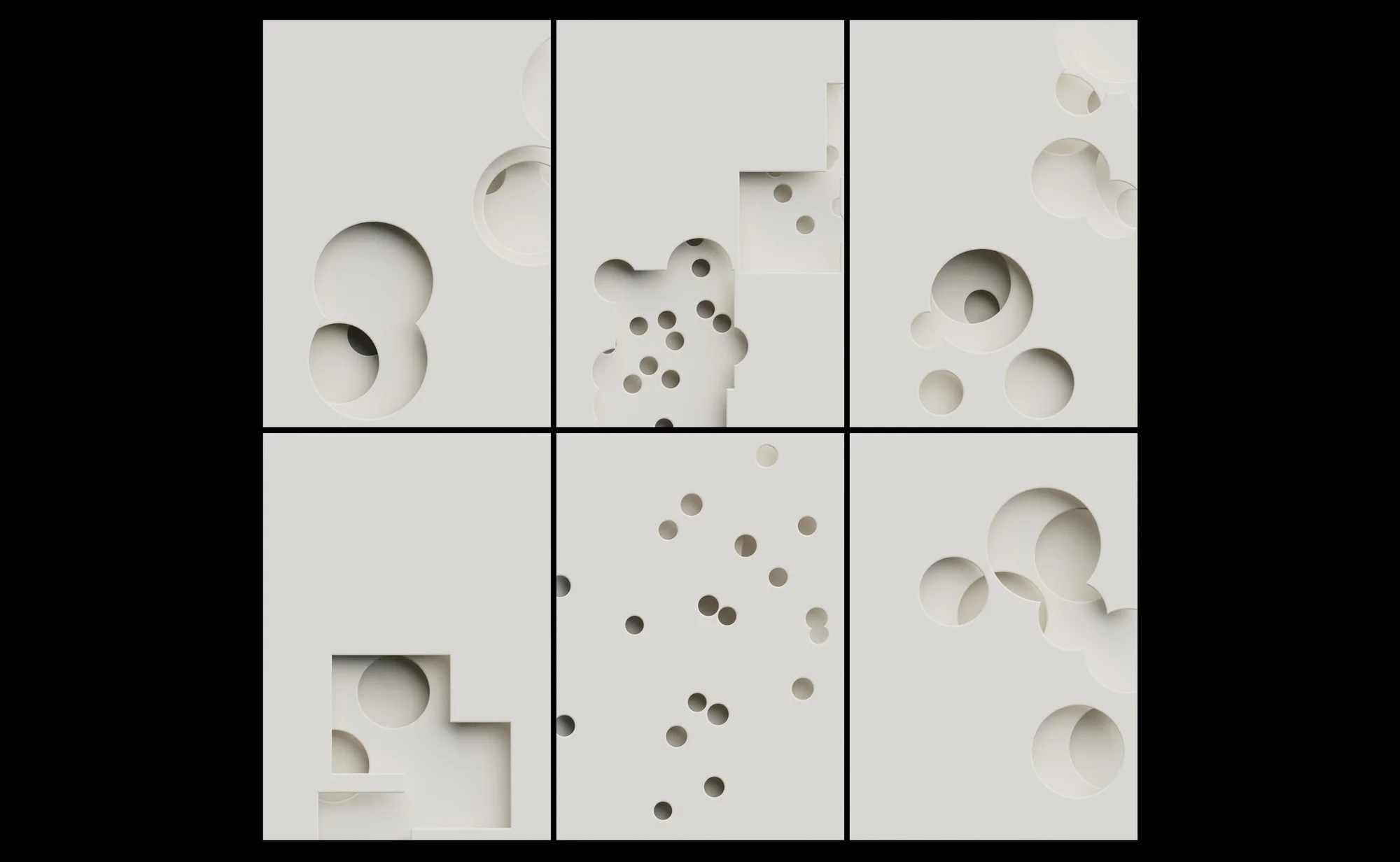 Abstract geometric collage with cut-out shapes in white and shades of gray, set against a contrasting black background.