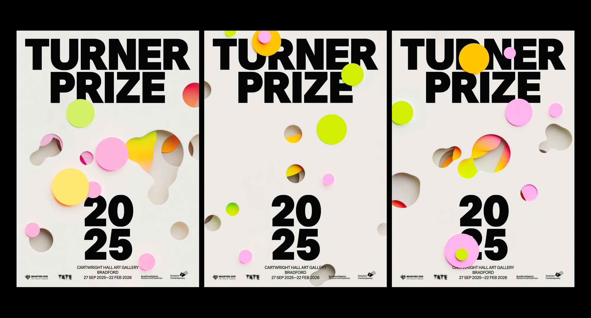 Three posters for the Turner Prize 2025 at Cartwright Hall Art Gallery in Bradford, featuring colourful paper cutouts and bold typography.