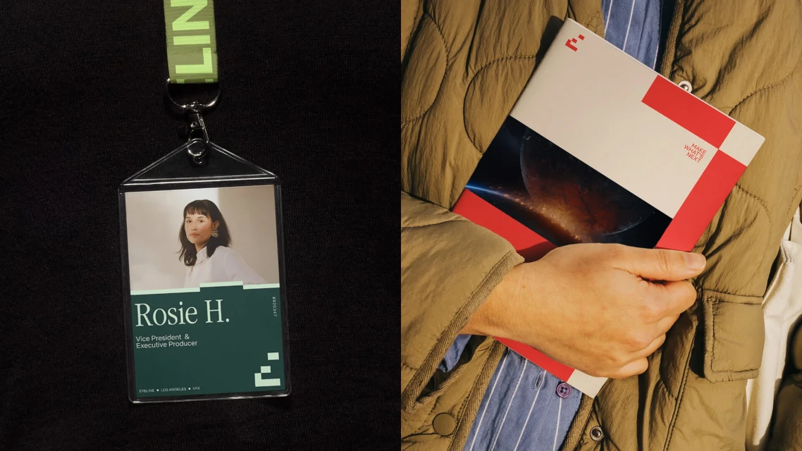 Person holds a publication and wears an ID badge with a woman's portrait and job title, in a studio with dark background.