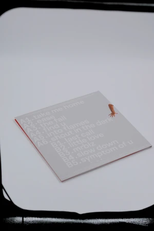 Vinyl record cover with track list, featuring song titles like 'Take Me Home,' 'Ease,' and 'Symptom of U,' plus a human hand.