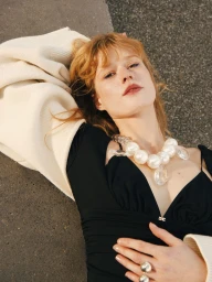 Red-haired female model lying down wearing a black top, white jacket, and oversized statement pearl necklace