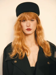 Model with long red hair wearing a dark hat and black coat against a neutral background for Elle Serbia editorial