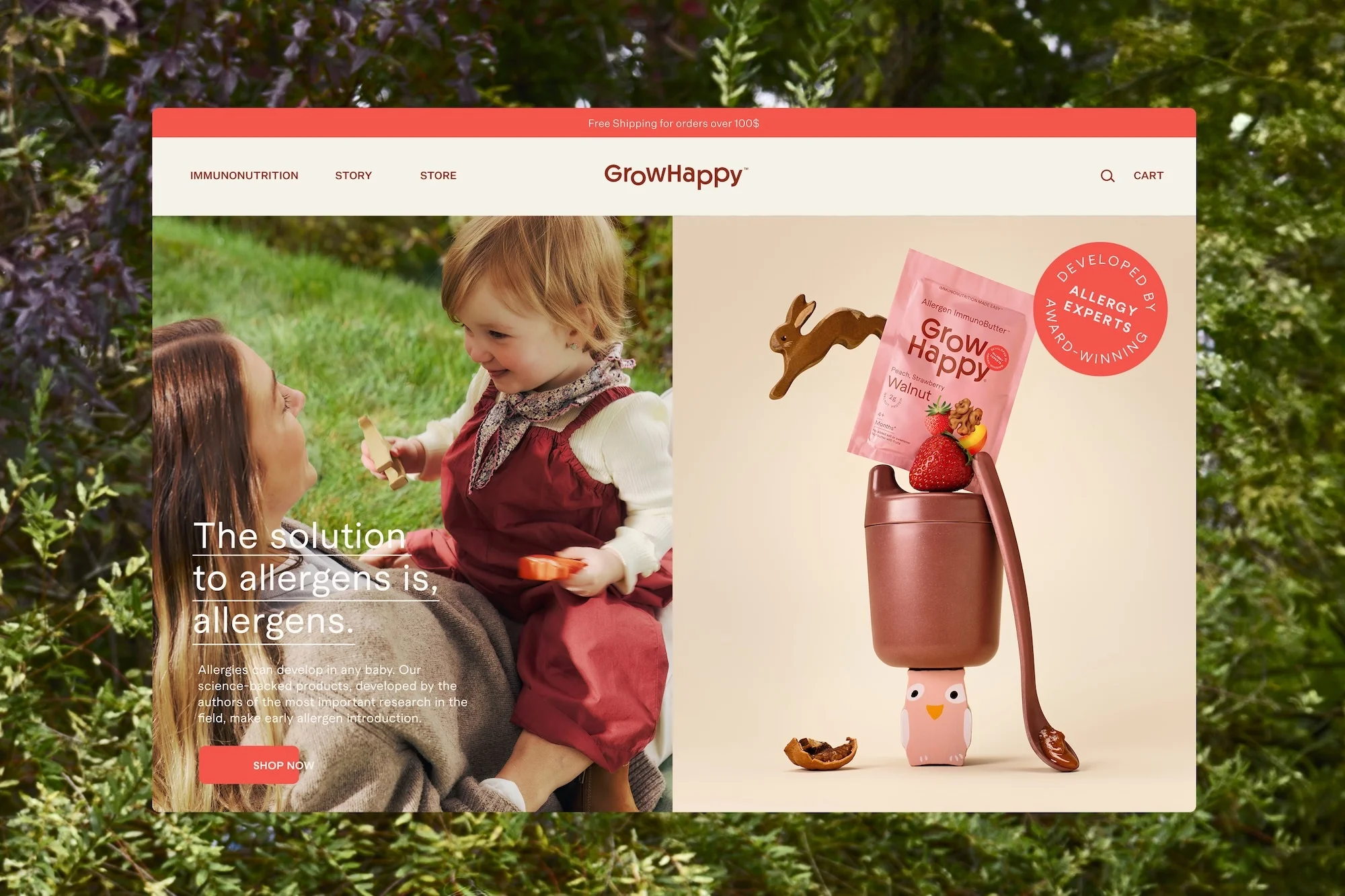 Website showcasing Grow Happy products featuring a toddler, parent, and product imagery against a blurred natural backdrop. 