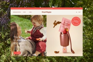 A website mockup for GrowHappy showing a woman holding a toddler outdoors and a product display with pink packaging and wooden toys.