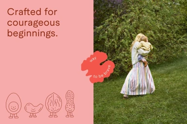 Split composition with pink graphic panel showing line illustrations and text beside a woman walking in a park holding a toddler