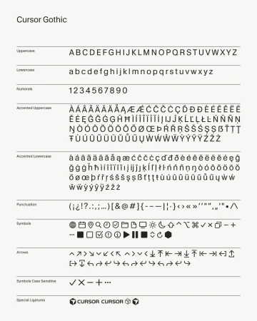 Typography display of the 'Cursor Gothic' font showcasing uppercase, lowercase, numerals, accented letters, punctuation, symbols, and ligatures.