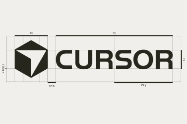 Cursor brand identity logo sheet featuring a geometric cube mark and custom typography on a gridded layout.