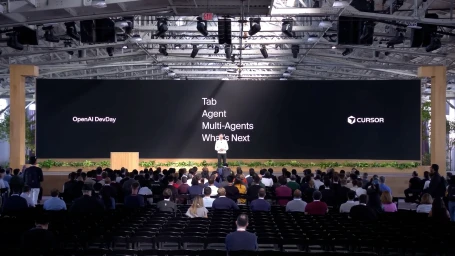 A presenter on a large stage addressing a seated audience in a spacious industrial venue with a massive central screen.