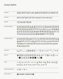 Specimen sheet displaying uppercase and lowercase characters, numerals, punctuation, symbols, and glyphs for Cursor Gothic.