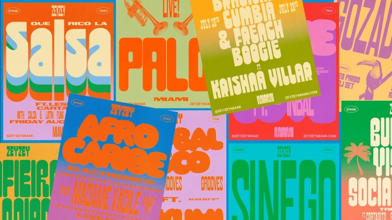 Collection of vibrant event posters with bold typography, promoting music and dance events, featuring bright color schemes and retro designs.