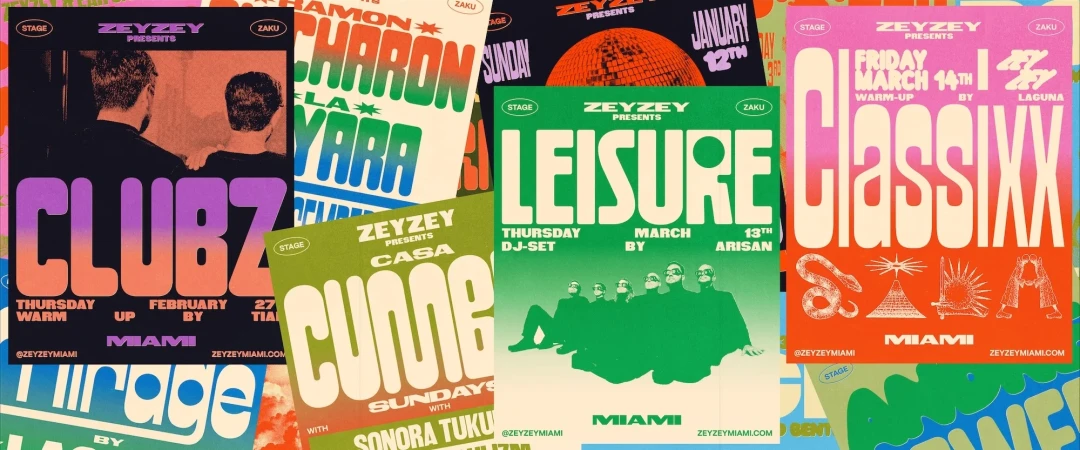 Collection of vibrant, retro-style event posters featuring bold typography, diverse color palettes, and event details for Zeyzey presents.