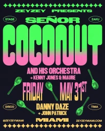 ZeyZey event poster featuring bold neon green and pink typography on a dark background with maracas illustrations