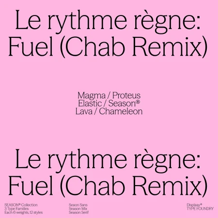 Graphic typography design showcasing the fonts 'Fuel (Chab Remix)', 'Magma', 'Proteus', 'Elastic', 'Season', 'Lava', and 'Chameleon' against pink.
