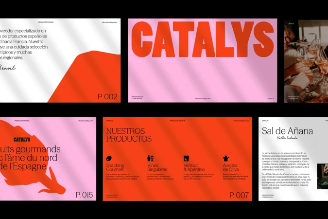 Promotional layout showcases Catalys brand with graphic elements and textual information presented in red, pink, and white color scheme.