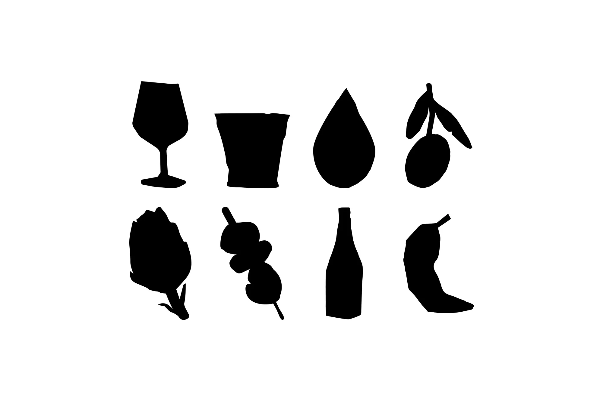 Black silhouettes of a wine glass, drinking glass, olive, bottle, artichoke, meatball skewer, banana isolated on a white background.