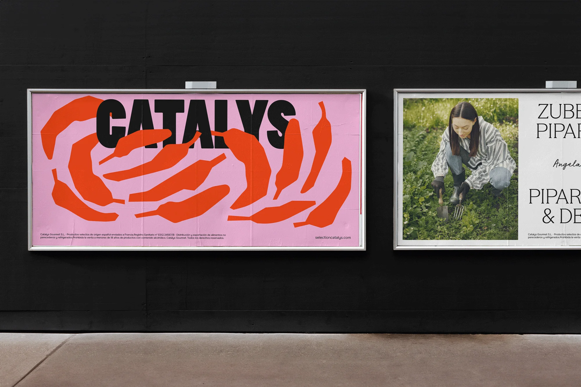 Two framed posters hang on a black wall: One features a pink background with stylized peppers and text, the other displays a woman gardening.