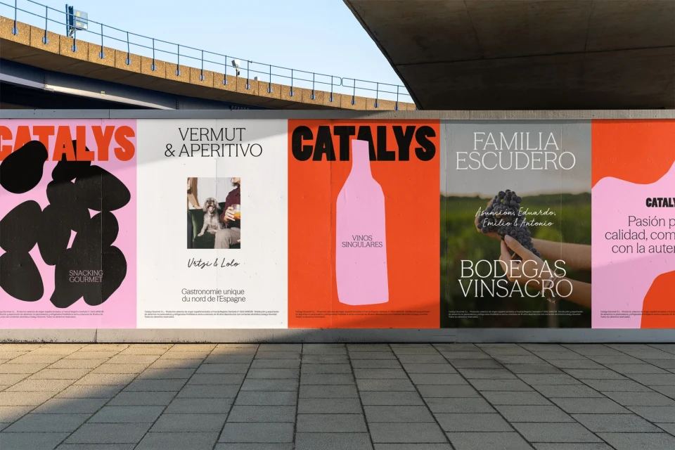 Outdoor view of a series of five advertising posters for vermouth, aperitivo, and wine, featuring graphic design and branding elements.