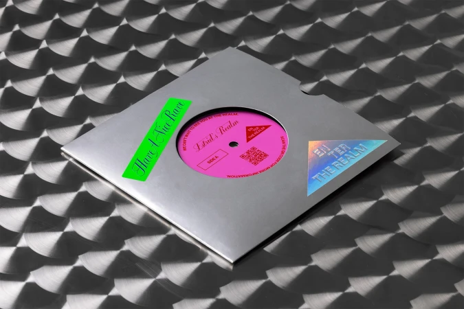 Close-up of a pink vinyl record in a silver sleeve with stickers on a textured metallic surface, promoting music.
