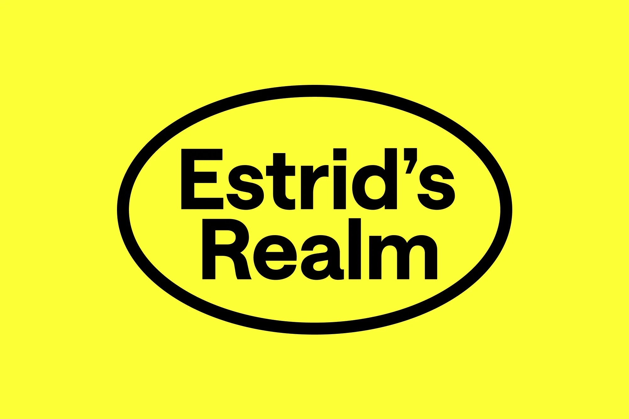 Logo of 'Estrid's Realm' in black oval on yellow background. Clean, graphic design with distinct text and bright, solid colors.