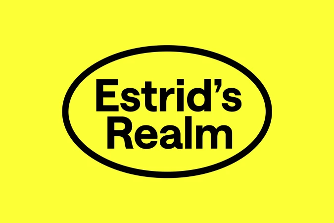 Logo of 'Estrid's Realm' in black oval on yellow background. Clean, graphic design with distinct text and bright, solid colors.