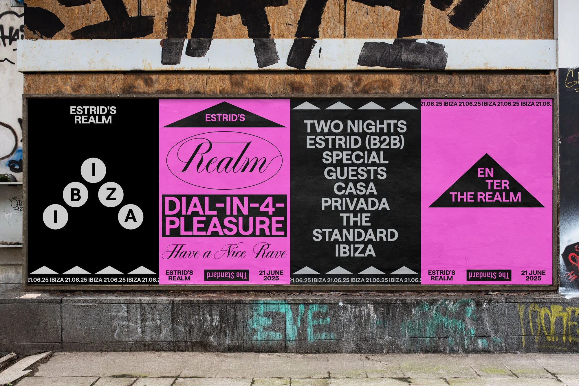 Outdoor billboard featuring four graphic posters in shades of pink, black, and white with event details and brand logos for Estrid's Realm.