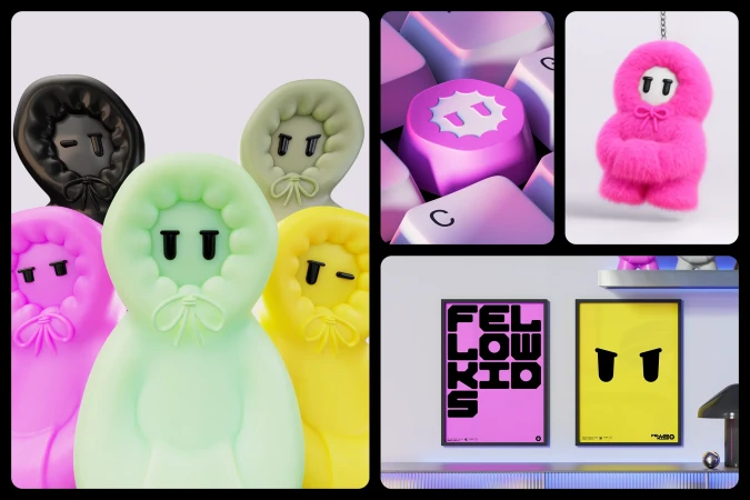 Colorful collection of toy figures and graphic art prints on a shelf in an indoor setting, showcasing modern design and vibrant colors.