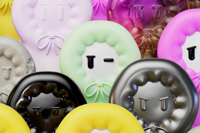 Group of glossy, colourful 3D character figures with blank faces, bows, and rounded bodies, arranged in a close, playful composition.
