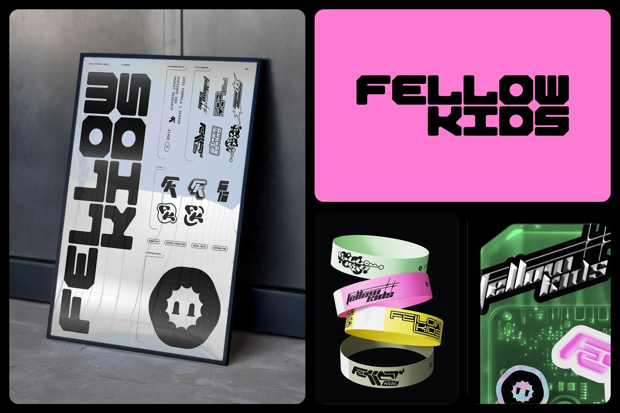 Collage with a framed poster, digital type design, and wristbands featuring bold black typography on colorful backgrounds.