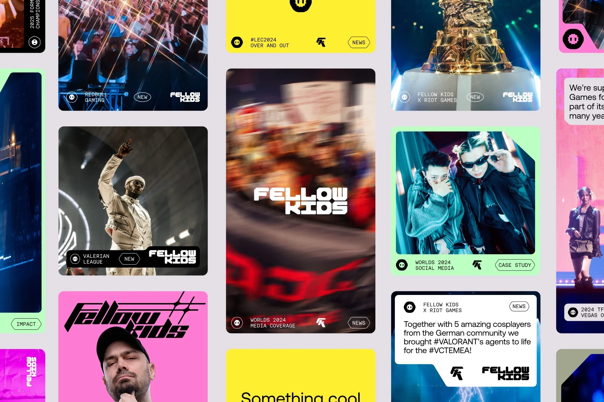 Collection of graphic designs with text overlays including gaming content, logos, and promotional messaging with bright neon color schemes.