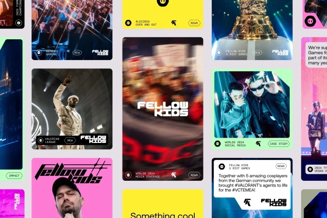 Collection of graphic designs with text overlays including gaming content, logos, and promotional messaging with bright neon color schemes.