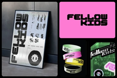 Brand identity showcase for Fellowkids featuring typographic posters, wristbands, and graphic assets in a modern layout.