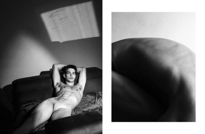 Monochrome studio shot of a shirtless man reclining on a couch near a wall with a sunlit patch, alongside a close-up of human skin.